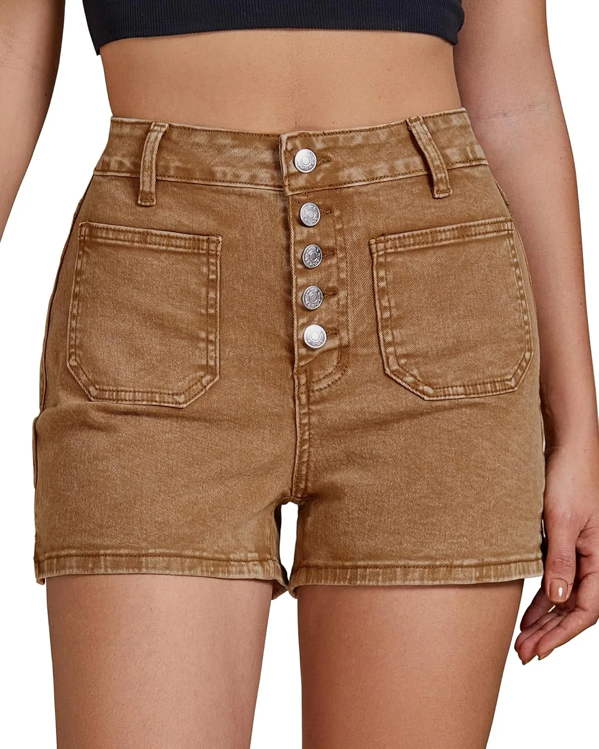 luvamia Jean Shorts Womens High Waisted Trendy Button Fly Patch Pocket Side Split Casual Summer Stretchy Denim Shorts