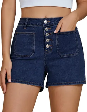 luvamia Jean Shorts Womens High Waisted Trendy Button Fly Patch Pocket Side Split Casual Summer Stretchy Denim Shorts