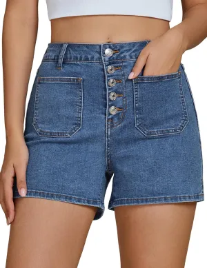 luvamia Jean Shorts Womens High Waisted Trendy Button Fly Patch Pocket Side Split Casual Summer Stretchy Denim Shorts