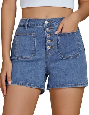 luvamia Jean Shorts Womens High Waisted Trendy Button Fly Patch Pocket Side Split Casual Summer Stretchy Denim Shorts