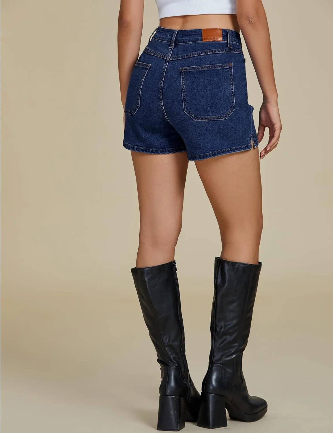 luvamia Jean Shorts Womens High Waisted Trendy Button Fly Patch Pocket Side Split Casual Summer Stretchy Denim Shorts