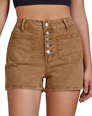 luvamia Jean Shorts Womens High Waisted Trendy Button Fly Patch Pocket Side Split Casual Summer Stretchy Denim Shorts