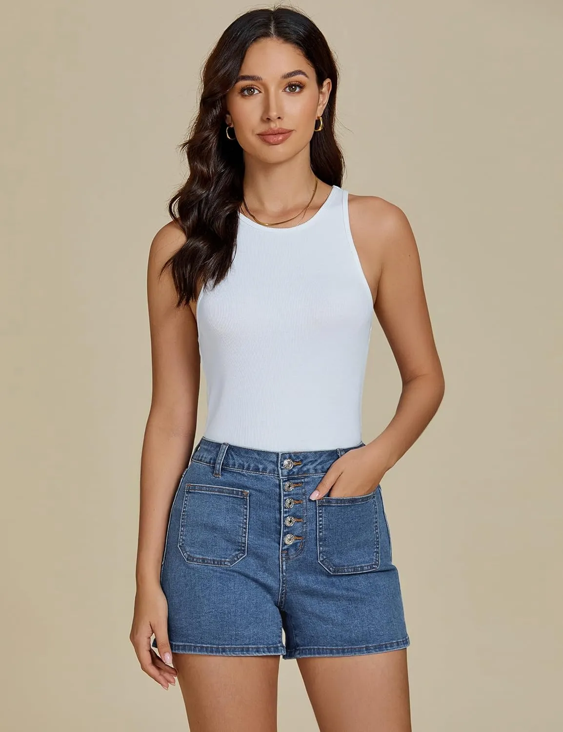 luvamia Jean Shorts Womens High Waisted Trendy Button Fly Patch Pocket Side Split Casual Summer Stretchy Denim Shorts