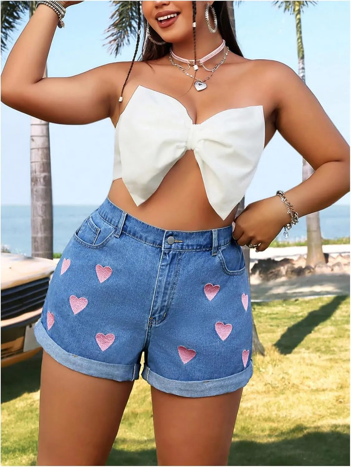 MakeMeChic Women's Plus Size Denim Shorts Heart Embroidery High Waist Y2k Denim Shorts