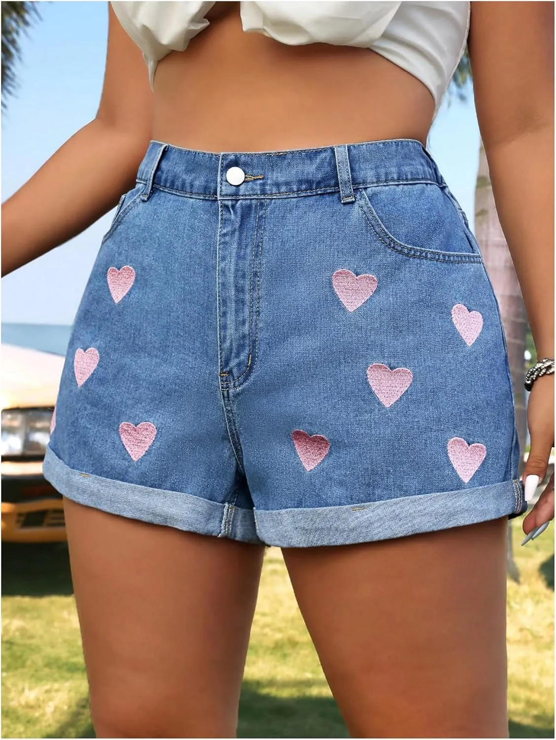 MakeMeChic Women's Plus Size Denim Shorts Heart Embroidery High Waist Y2k Denim Shorts