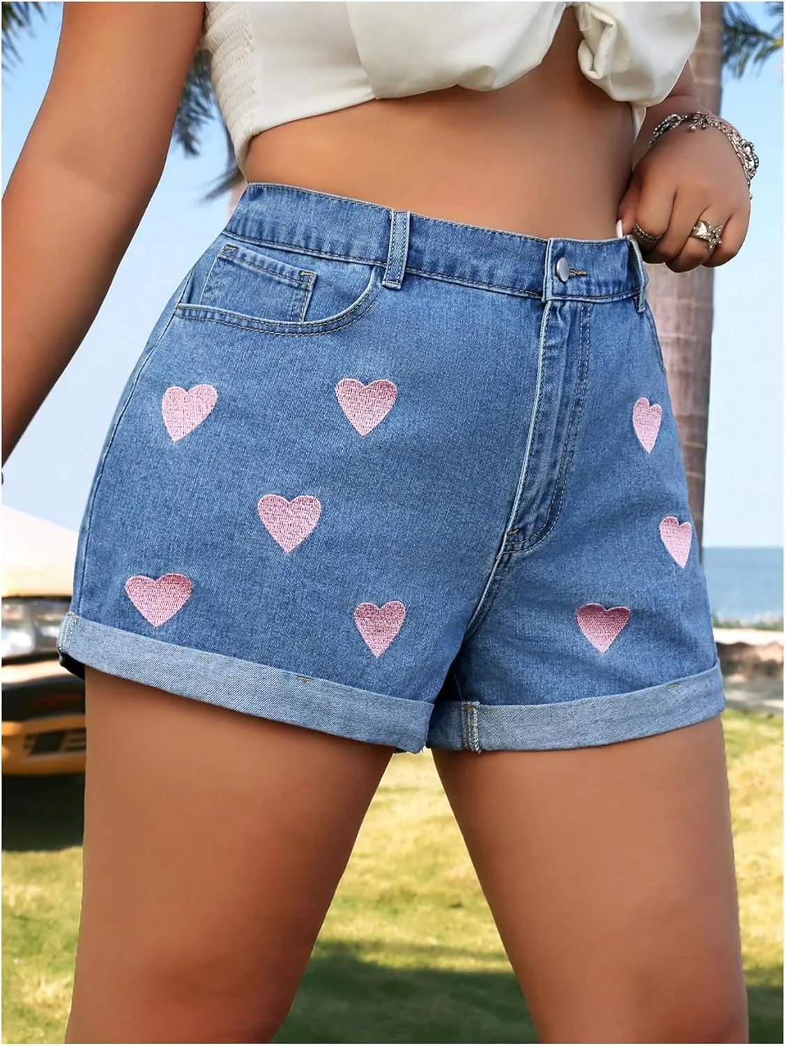 MakeMeChic Women's Plus Size Denim Shorts Heart Embroidery High Waist Y2k Denim Shorts