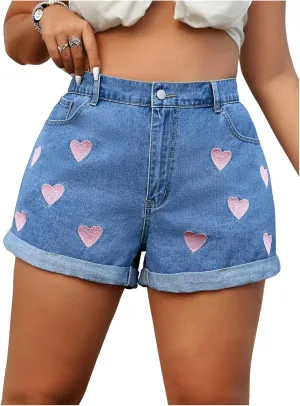 MakeMeChic Women's Plus Size Denim Shorts Heart Embroidery High Waist Y2k Denim Shorts