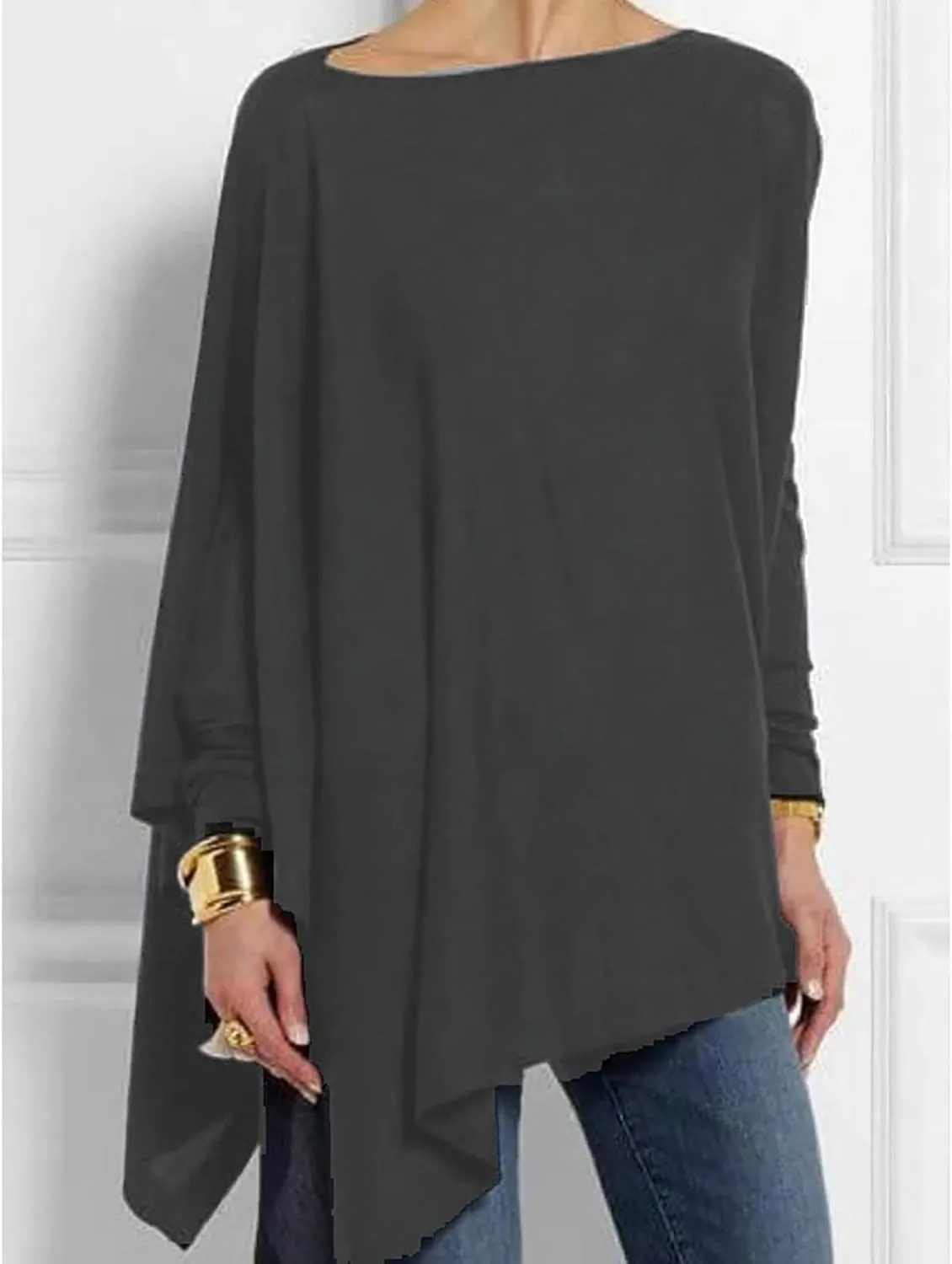 Mayntop Women Tunic Cotton Asymmetrical Hem Top Long Sleeve Oversized Loose T-Shirt Casual Blouse