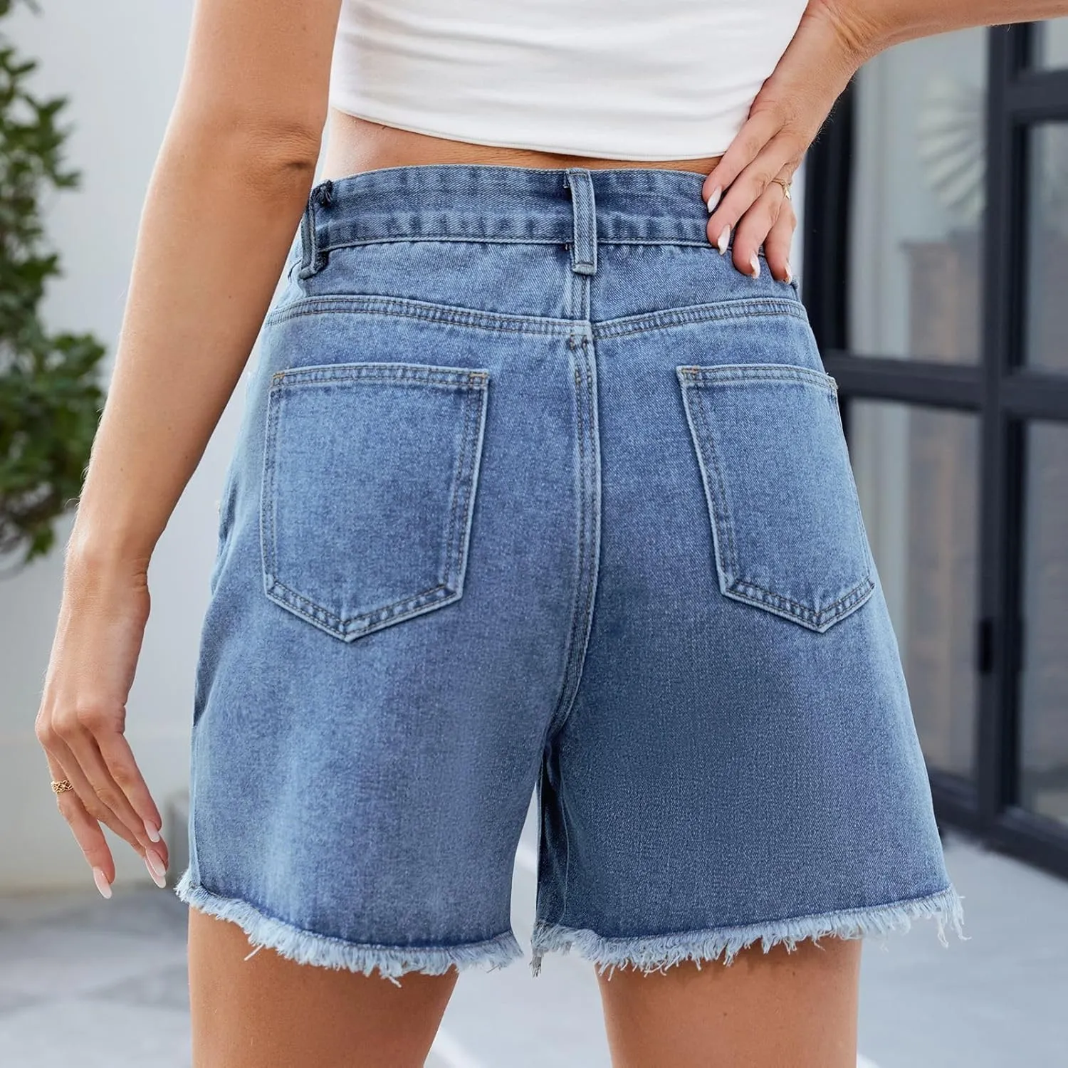Melliflo Women's Ripped Hem Denim Shorts Summer Front Slit High Waisted Bottoms Casual Baggy Solid Jean Shorts with Pockets