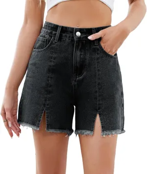 Melliflo Women's Ripped Hem Denim Shorts Summer Front Slit High Waisted Bottoms Casual Baggy Solid Jean Shorts with Pockets