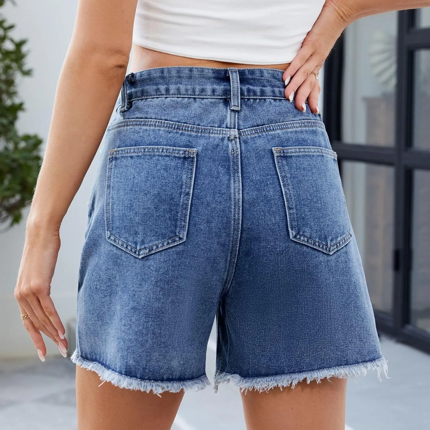 Melliflo Women's Ripped Hem Denim Shorts Summer Front Slit High Waisted Bottoms Casual Baggy Solid Jean Shorts with Pockets