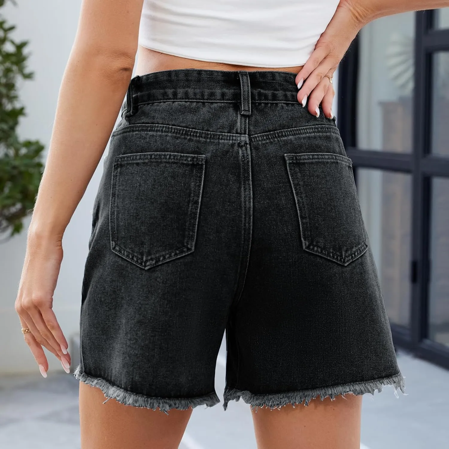 Melliflo Women's Ripped Hem Denim Shorts Summer Front Slit High Waisted Bottoms Casual Baggy Solid Jean Shorts with Pockets