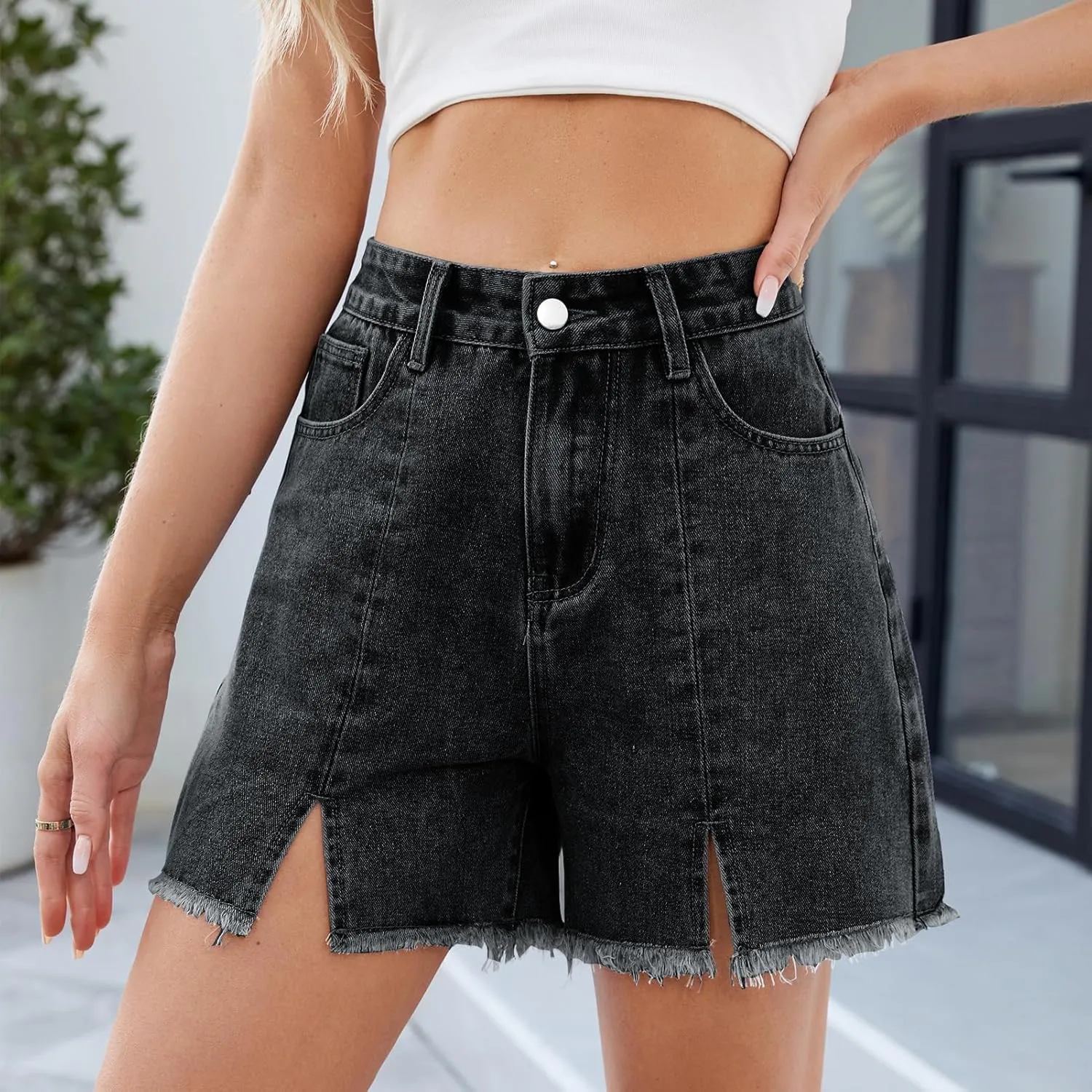 Melliflo Women's Ripped Hem Denim Shorts Summer Front Slit High Waisted Bottoms Casual Baggy Solid Jean Shorts with Pockets