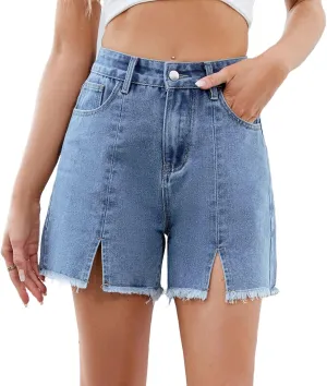 Melliflo Women's Ripped Hem Denim Shorts Summer Front Slit High Waisted Bottoms Casual Baggy Solid Jean Shorts with Pockets