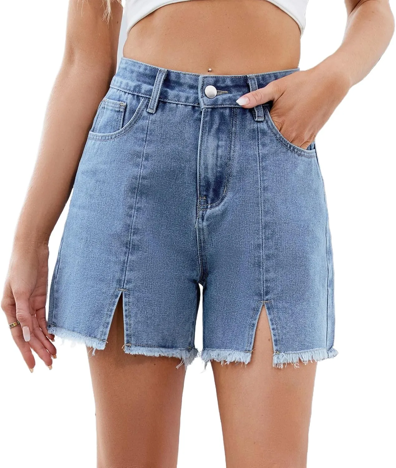 Melliflo Women's Ripped Hem Denim Shorts Summer Front Slit High Waisted Bottoms Casual Baggy Solid Jean Shorts with Pockets