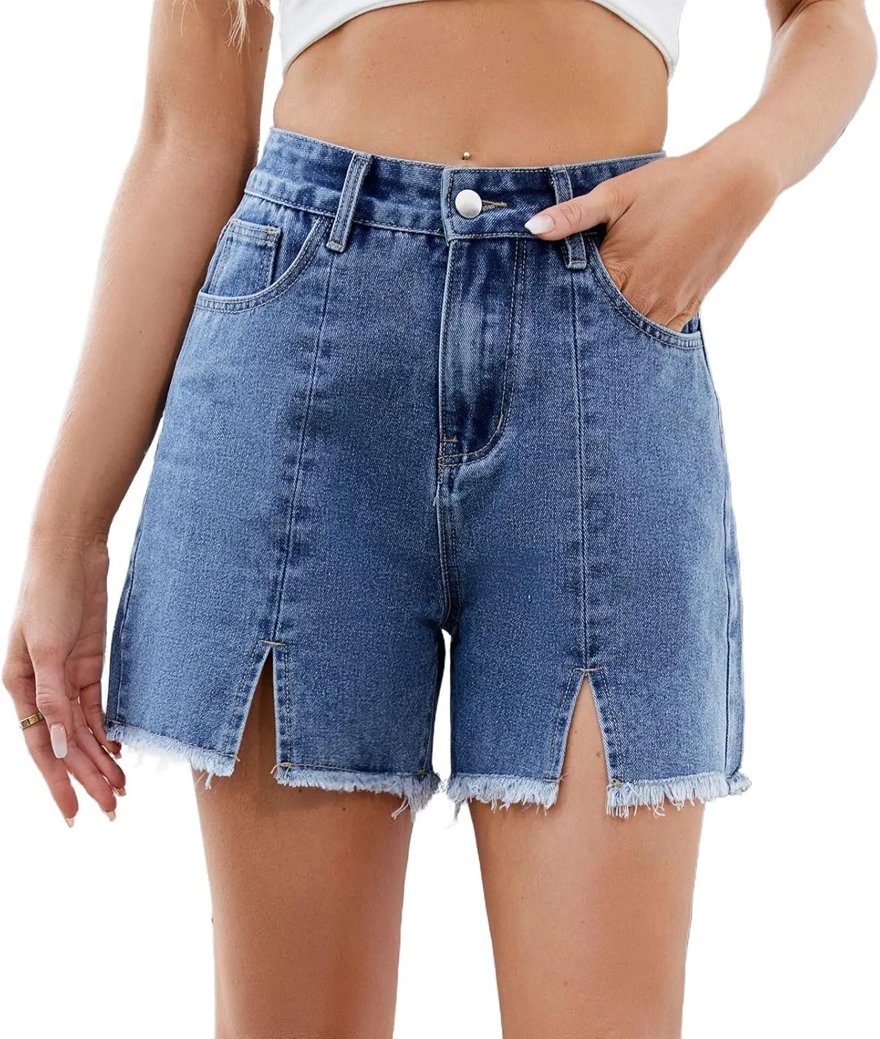 Melliflo Women's Ripped Hem Denim Shorts Summer Front Slit High Waisted Bottoms Casual Baggy Solid Jean Shorts with Pockets