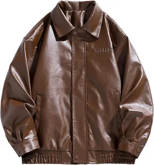 Men Oversized Leather Jackets Mens Faux Leather Bomber Jacket 90s Vintage Lapel Zip Up Biker Racing Moto Jacket