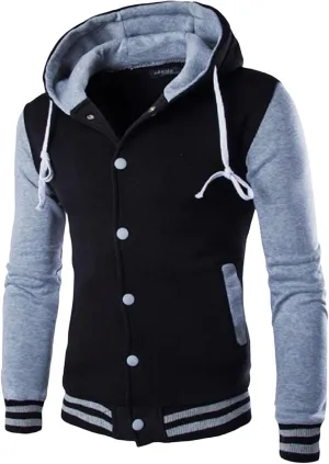 Mens Casual Sports Varsity Jacket Fashion Hooded Varsity Jacket Men Contrast Color Patchwork Baseball Jacket