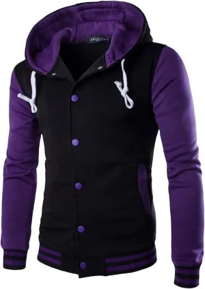 Mens Casual Sports Varsity Jacket Fashion Hooded Varsity Jacket Men Contrast Color Patchwork Baseball Jacket