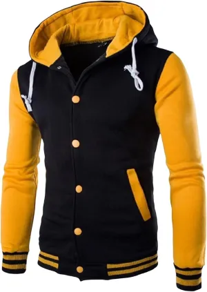 Mens Casual Varsity Jacket Men Contrast Color Patchwork Baseball Jacket Sports Varsity Jacket Fashion Hooded