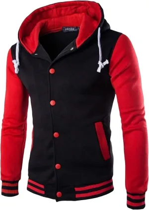 Mens Casual Varsity Jacket Men Contrast Color Patchwork Baseball Jacket Sports Varsity Jacket Fashion Hooded