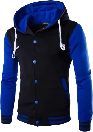 Mens Casual Varsity Jacket Men Contrast Color Patchwork Baseball Jacket Sports Varsity Jacket Fashion Hooded