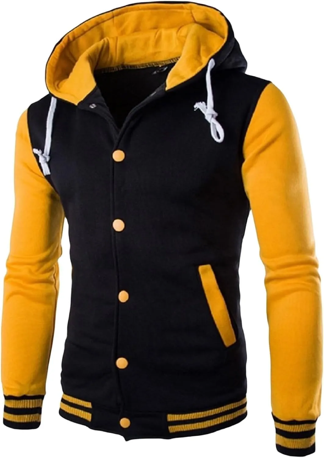 Mens Casual Varsity Jacket Men Contrast Color Patchwork Baseball Jacket Sports Varsity Jacket Fashion Hooded