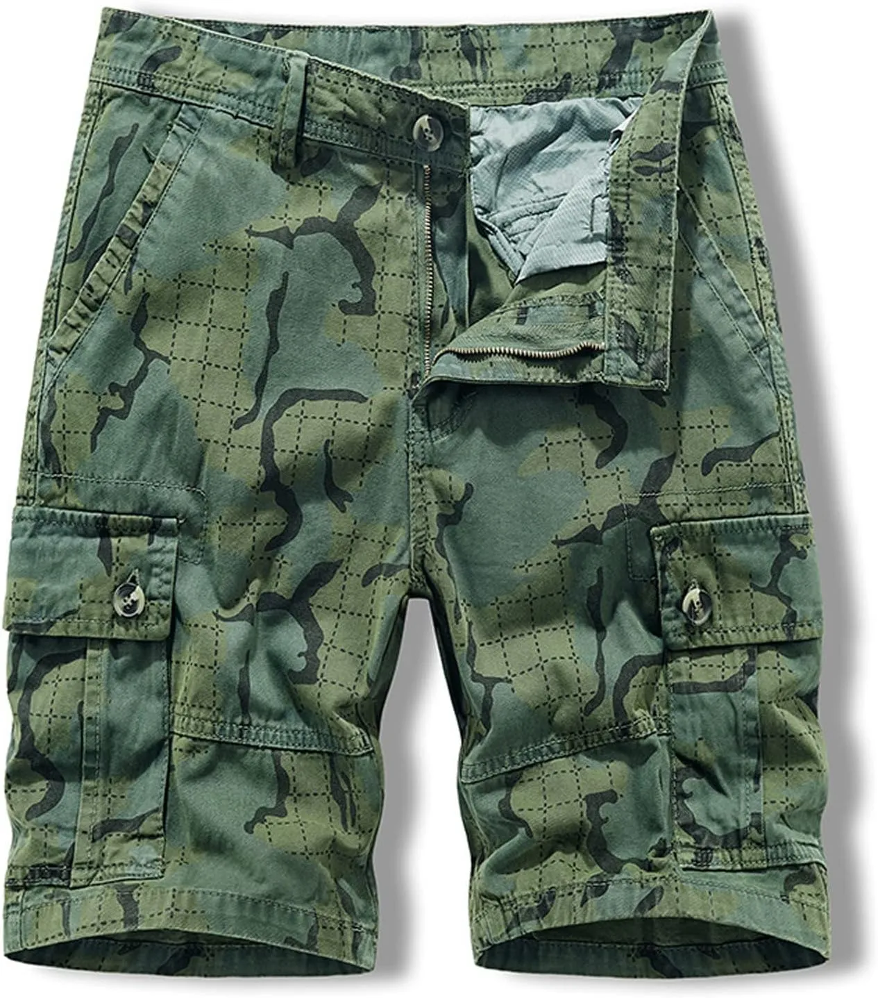 Mens Cotton Shorts Casual Camo Slim Fit Multi Pocket Zipper Straight Summer Linen Shorts Outdoor Sport Shorts