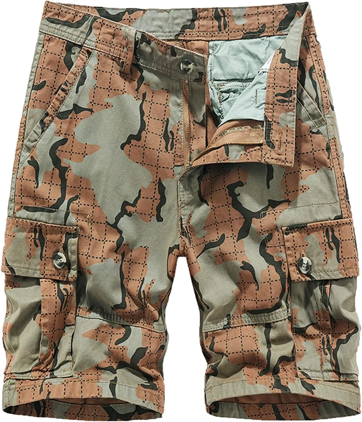 Mens Cotton Shorts Casual Camo Slim Fit Multi Pocket Zipper Straight Summer Linen Shorts Outdoor Sport Shorts