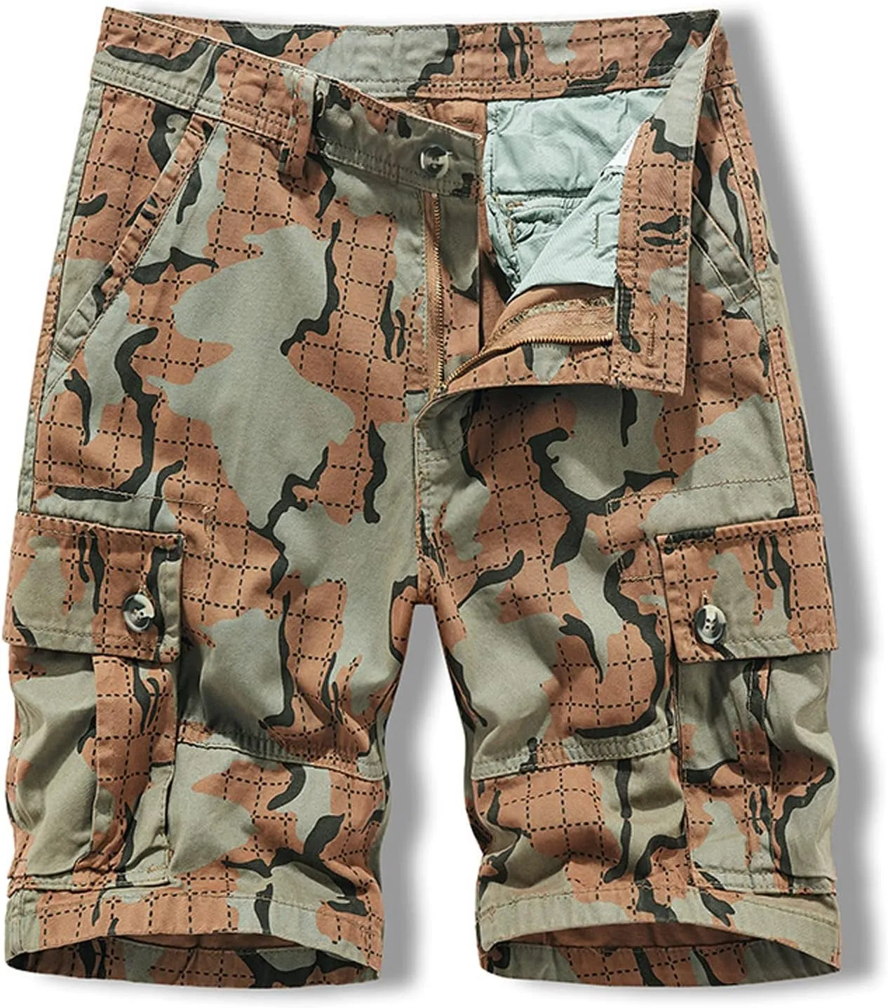 Mens Cotton Shorts Casual Camo Slim Fit Multi Pocket Zipper Straight Summer Linen Shorts Outdoor Sport Shorts