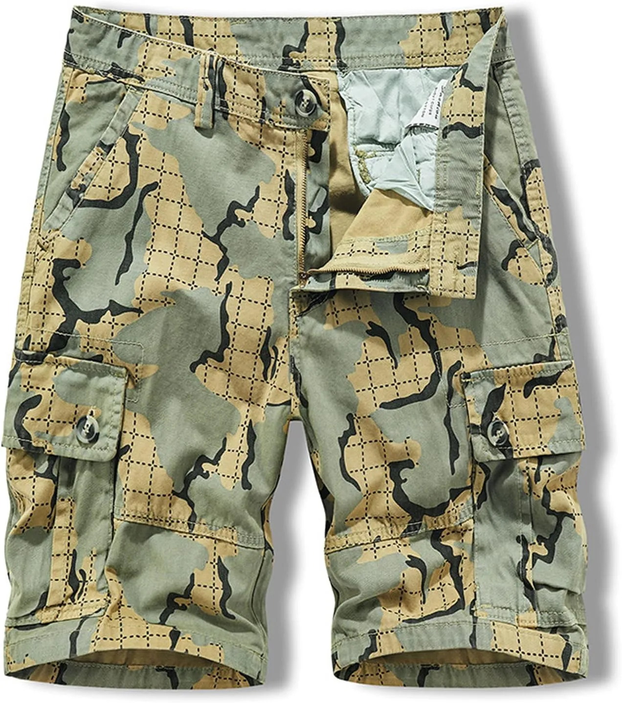 Mens Cotton Shorts Casual Camo Slim Fit Multi Pocket Zipper Straight Summer Linen Shorts Outdoor Sport Shorts