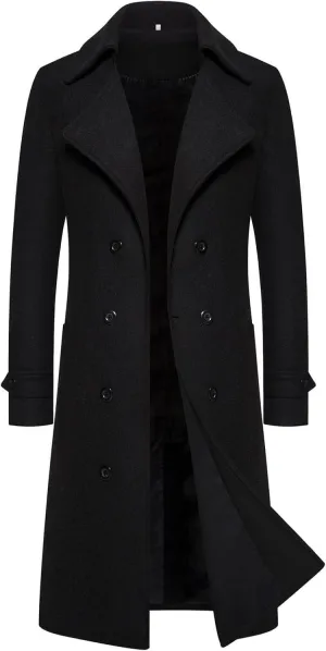 Men's Double-Breasted Wool Pea Coat Winter Business Overcoat Regular Fit Trench Jacket