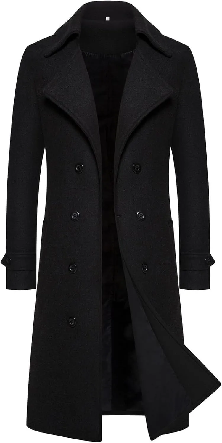 Men's Double-Breasted Wool Pea Coat Winter Business Overcoat Regular Fit Trench Jacket