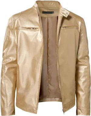 Mens Faux Leather Jacket Vintage Full Zip Vegan Faux Leather Jackets Snap Collar PU Pleather Bomber Coats Big & Tall