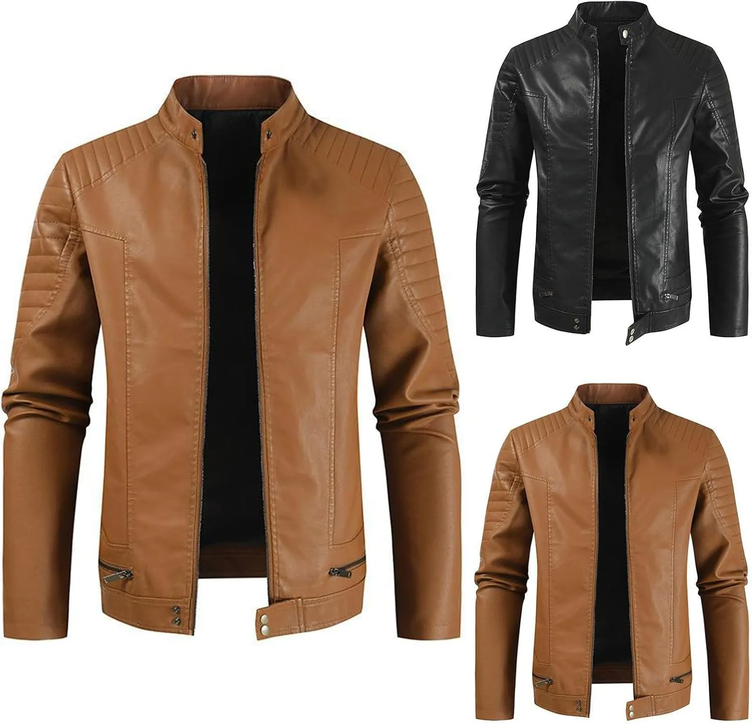 Men's Faux Leather Jackets Collar PU Pleather Motorcycle Jacket Zip Up Slim Fit Workout Retro Casual Moto Biker Coat