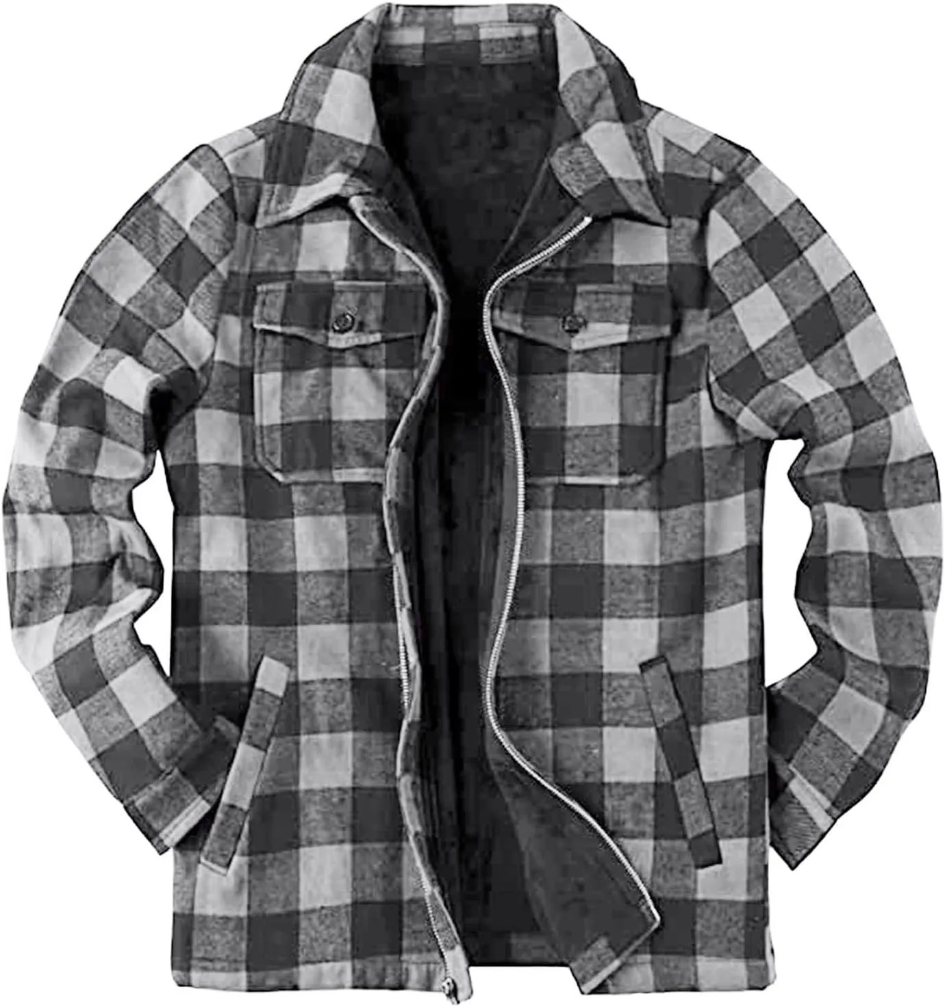 Mens Fleece Flannel Plaid Shirt Jacket Outwear Winter Coats Sherpa Lined Full Zip Hooded Plaid Shirt Jacket Thermal Coat