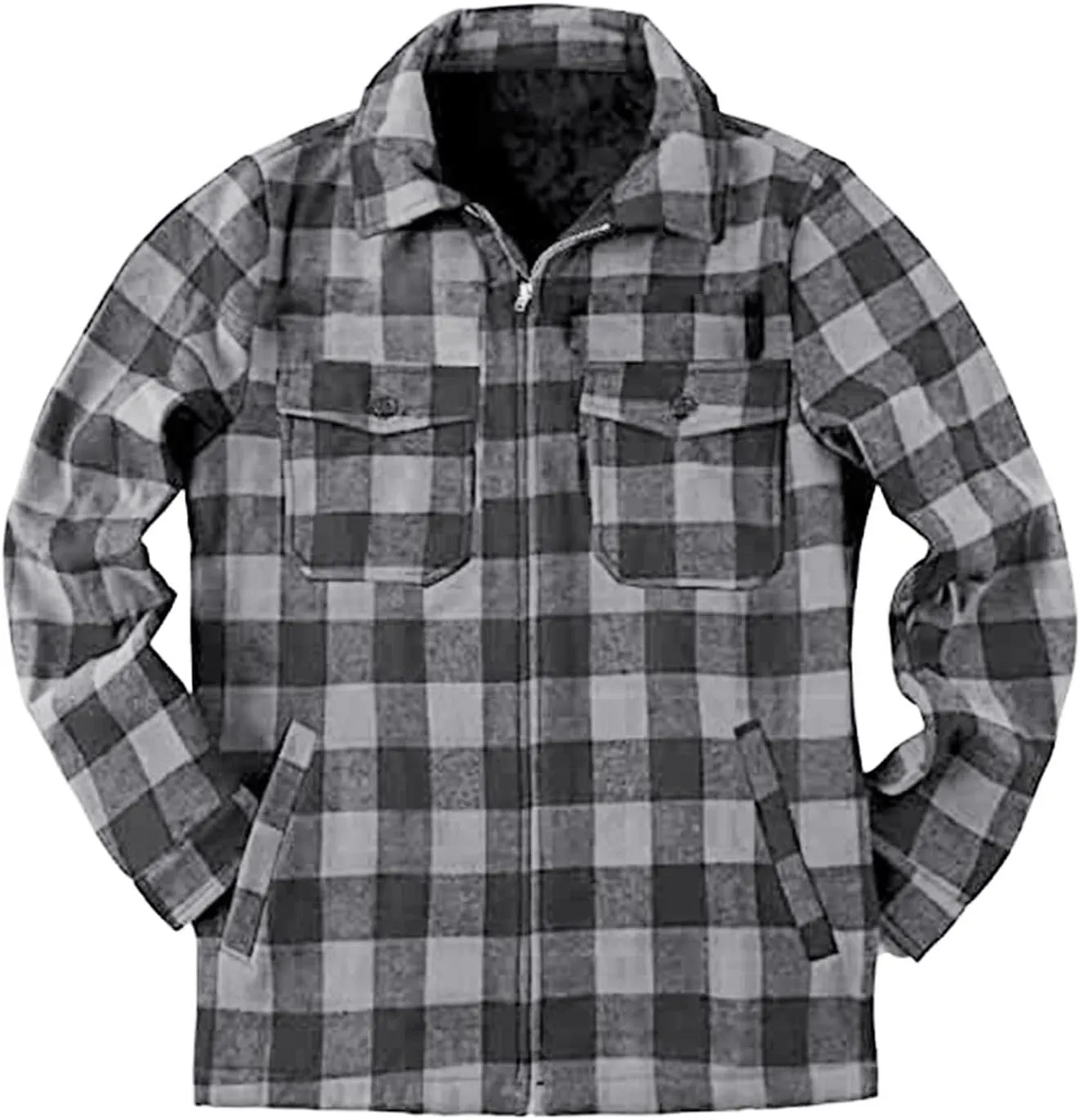 Mens Fleece Flannel Plaid Shirt Jacket Outwear Winter Coats Sherpa Lined Full Zip Hooded Plaid Shirt Jacket Thermal Coat