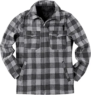 Mens Fleece Flannel Plaid Shirt Jacket Outwear Winter Coats Sherpa Lined Full Zip Hooded Plaid Shirt Jacket Thermal Coat