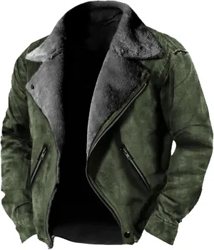 Men's Fleece Jacket Suede Faux Fur Collar Jacket Sherpa Lined Lapel Coat Heavyweight Leisure Winter Coat Outwear