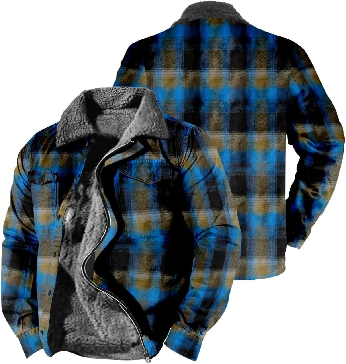 Men's Fleece Lined Sherpa Jacket Zip Up Plaid Shirts Jacket Heavyweight Winter Outdoor Thickened Thermal Coat Outwear