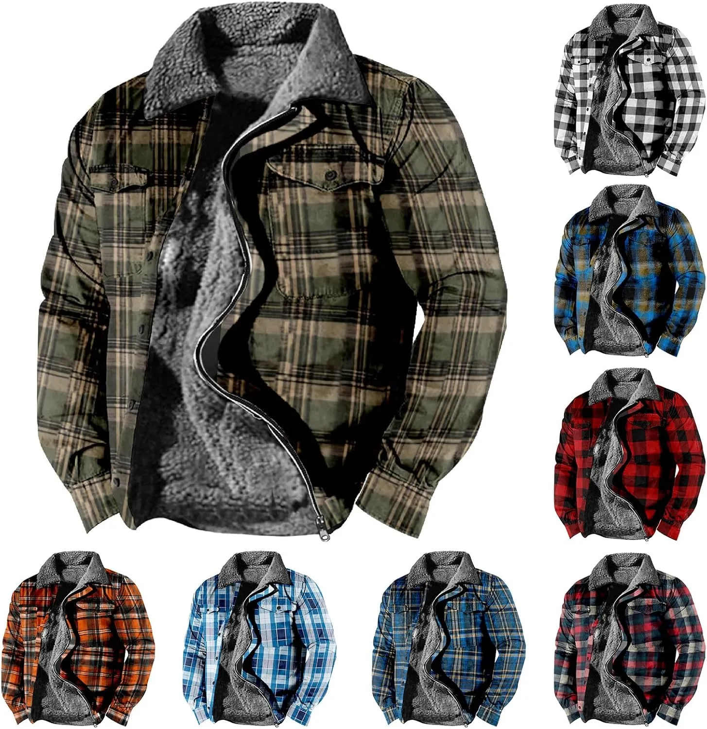 Men's Fleece Lined Sherpa Jacket Zip Up Plaid Shirts Jacket Heavyweight Winter Outdoor Thickened Thermal Coat Outwear