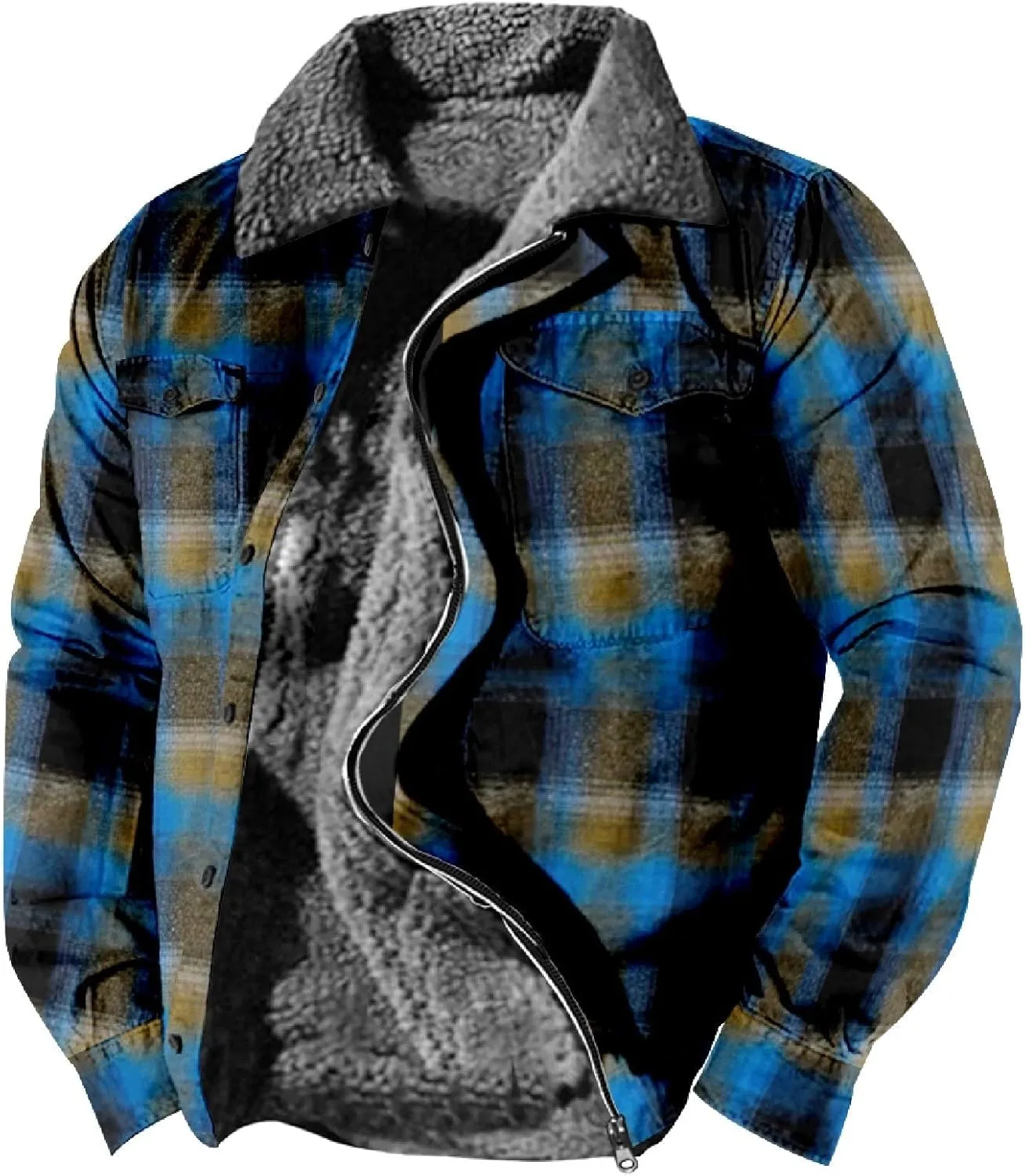 Men's Fleece Lined Sherpa Jacket Zip Up Plaid Shirts Jacket Heavyweight Winter Outdoor Thickened Thermal Coat Outwear