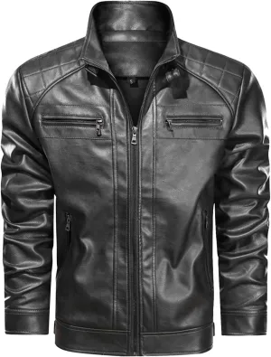 Mens Leather Jacket Stand Collar Moto Jacket Zip up Biker Jacket Vintage Faux Leather Jacket Casual Winter Coat