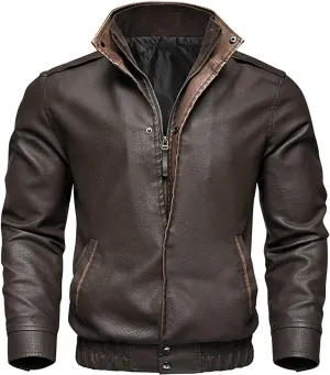 Mens Leather Jacket Stand Collar Moto Jacket Zip up Biker Jacket Vintage Faux Leather Jacket Casual Winter Coat