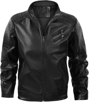 Mens Leather Jacket Vintage Motorcycle Jacket Zip up Biker Jacket Stand Collar Moto Jacket Waterproof Winter Coats