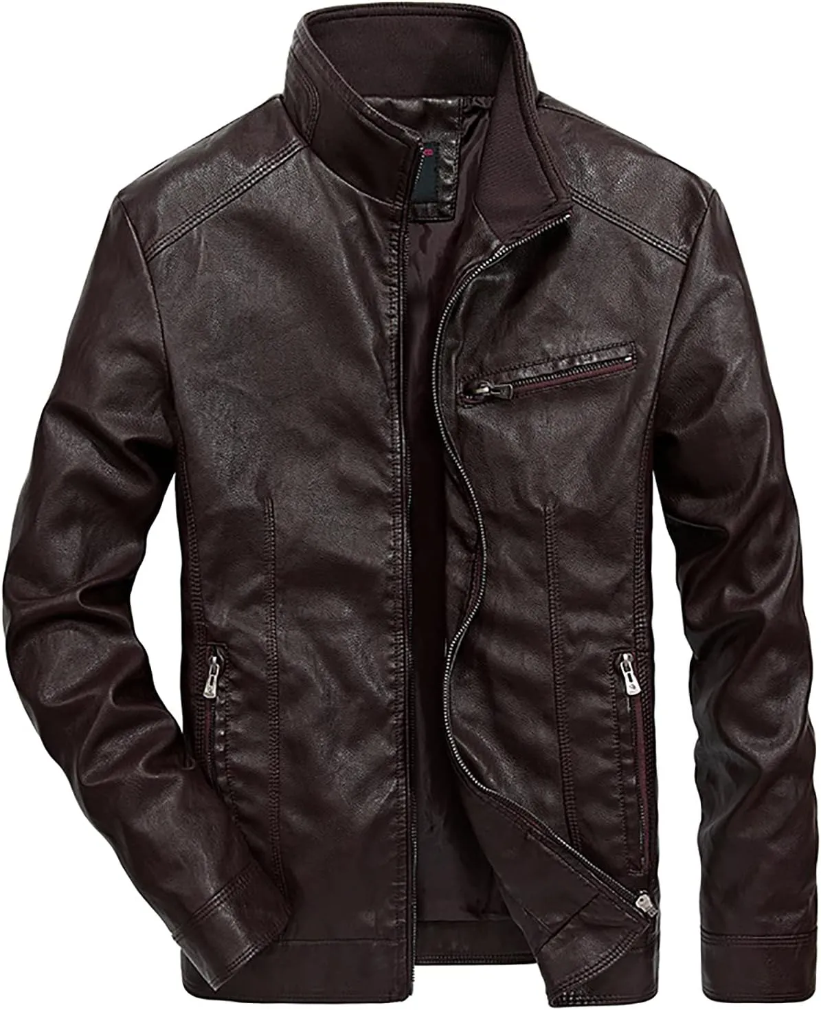 Mens Mid Length Jacket Faux Leather Bomber Jackets Motorcycle Coat Slim Fit Moto Overcoat Faux-Leather Outwear