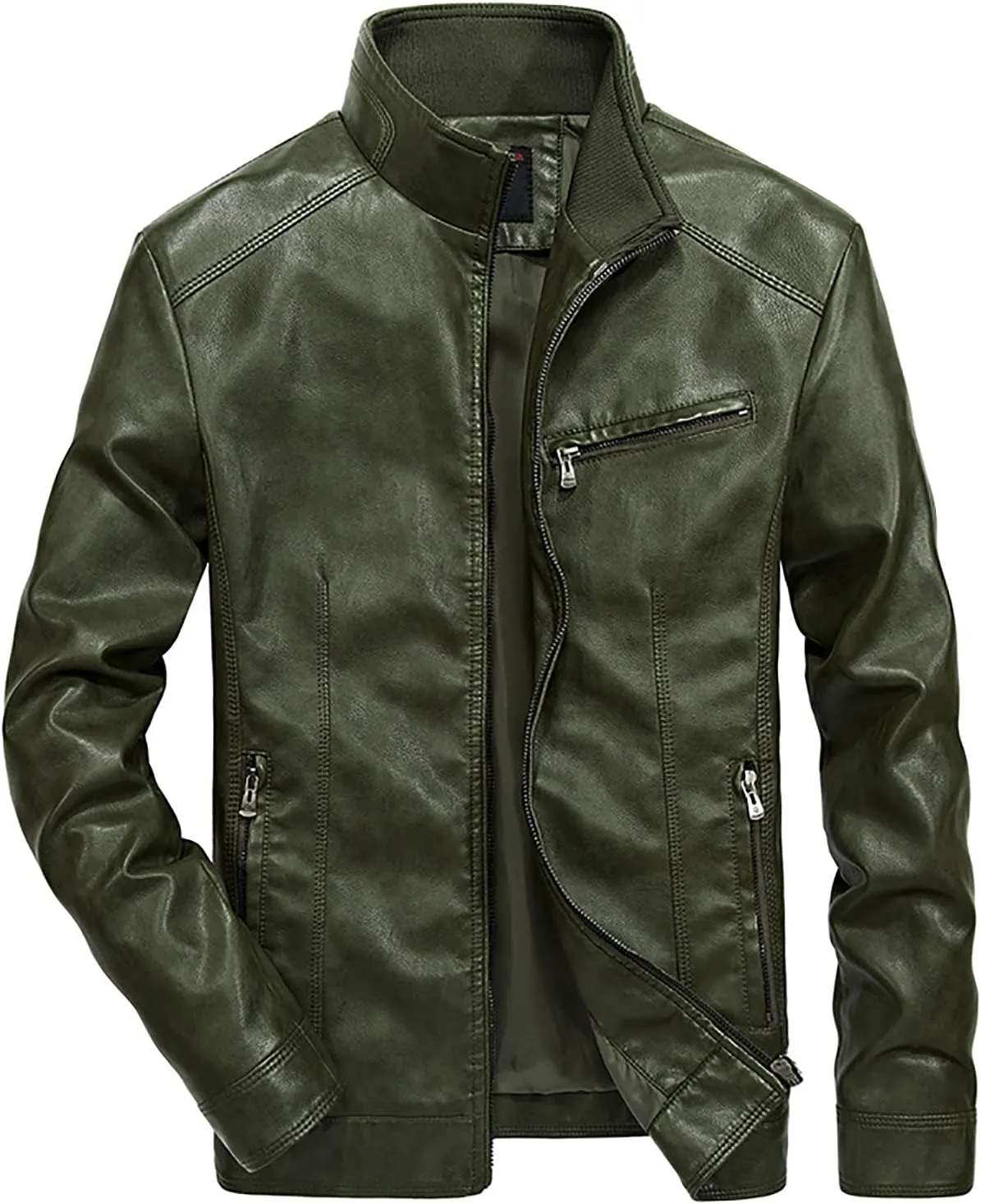 Mens Mid Length Jacket Faux Leather Bomber Jackets Motorcycle Coat Slim Fit Moto Overcoat Faux-Leather Outwear