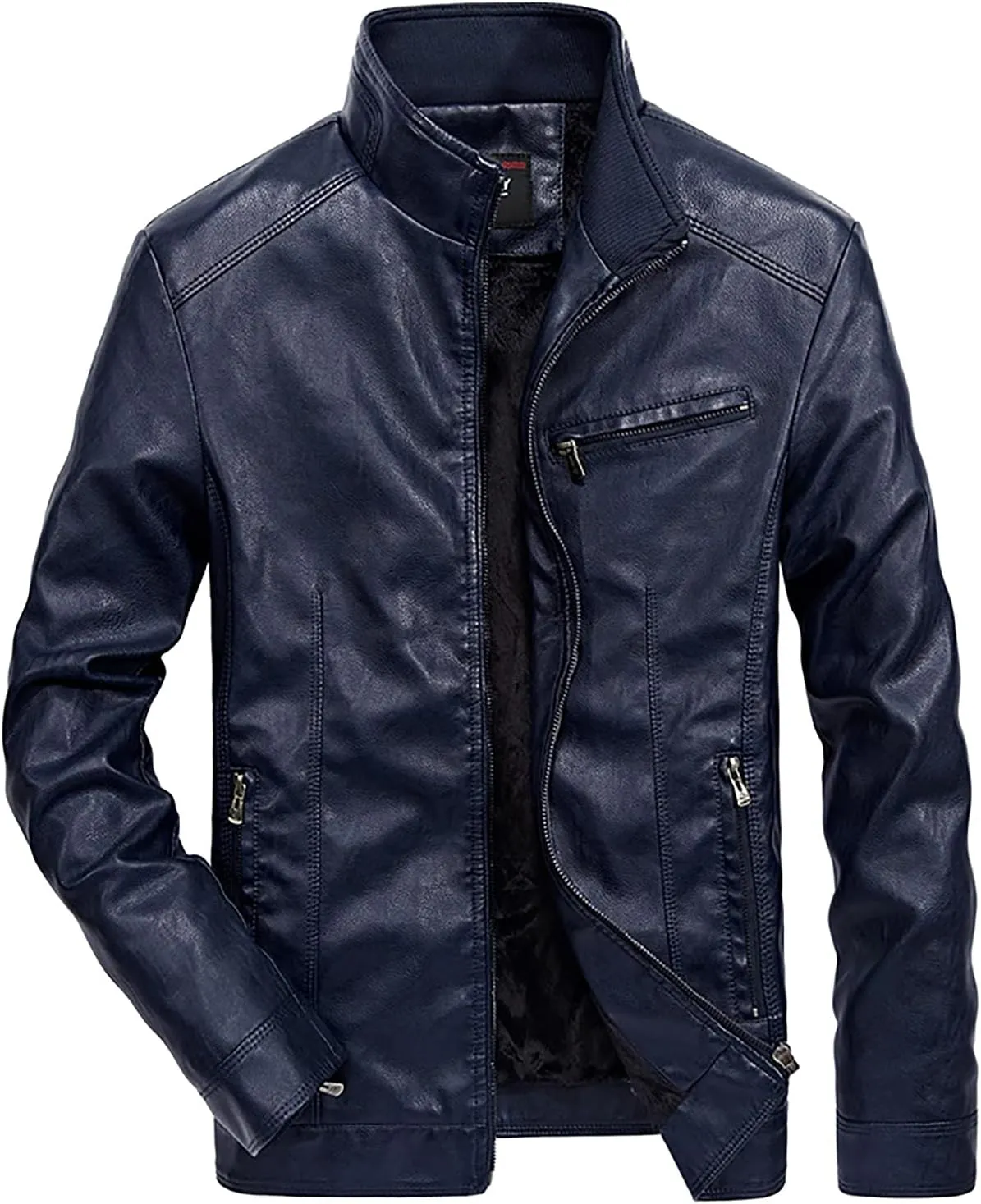 Mens Mid Length Jacket Faux Leather Bomber Jackets Motorcycle Coat Slim Fit Moto Overcoat Faux-Leather Outwear