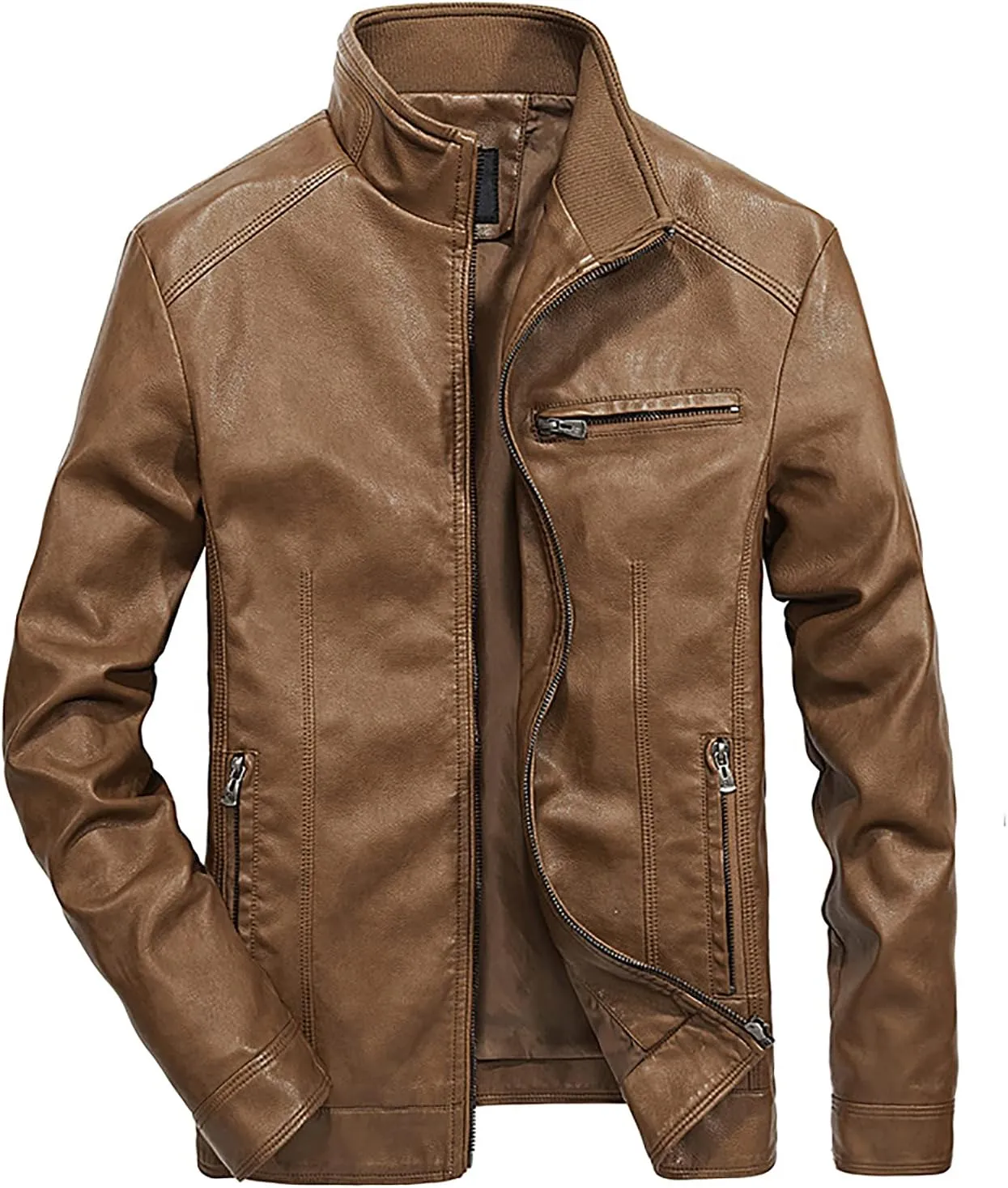 Mens Mid Length Jacket Faux Leather Bomber Jackets Motorcycle Coat Slim Fit Moto Overcoat Faux-Leather Outwear