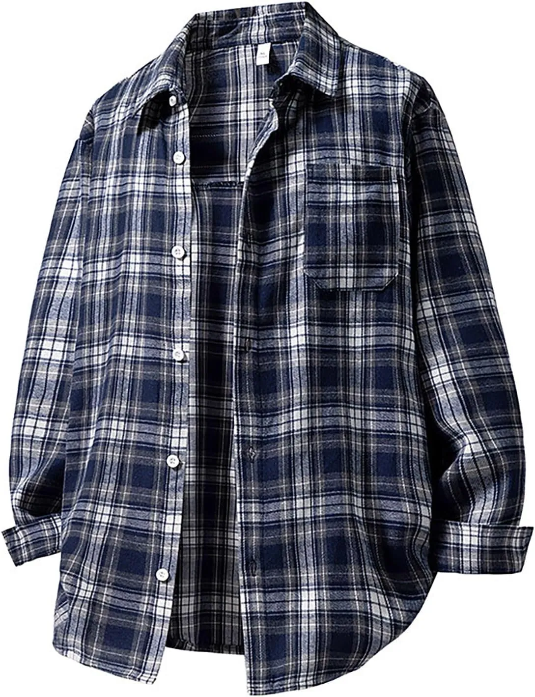 Men's Plaid Shirt Spring Fall Checkered Oversized Blouse Top Loose Long Sleeve Button Down Casual Cardigan with Pocket